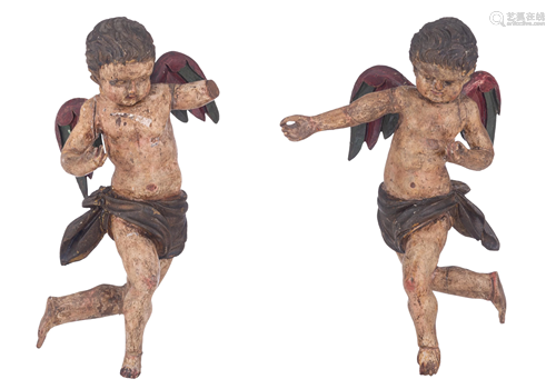 A pair of carved and polychrome painted angels, H 24 -