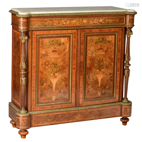 A Neoclassical side cabinet, decorated with marquetry