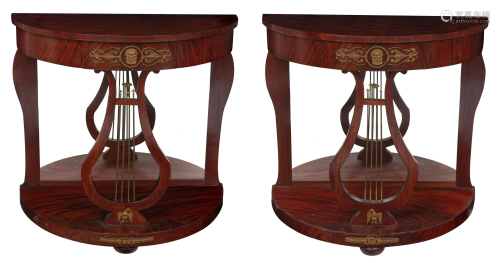 A pair of Empire style 'demi-lune' console tables, H 91