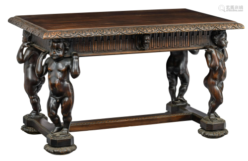 A Renaissance style carved walnut centre table, H 81,5