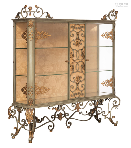 A large Art Deco style wrought iron display cabinet, H