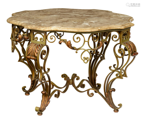 An Art Deco wrought iron coffee table with marble top,