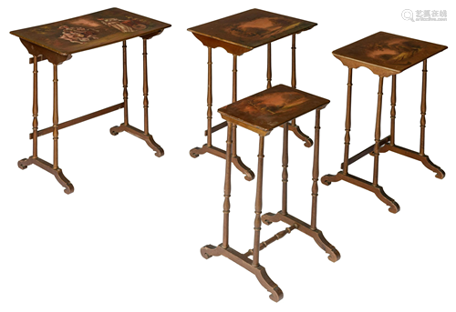 A nest of four occasional tables, with scenes in the