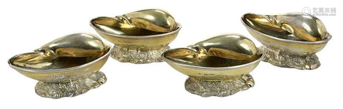 Four Victorian Gilt English Silver Shell Open Salts