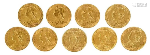 Nine Victoria Gold Sovereigns