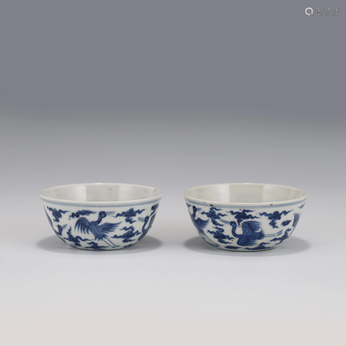 PAIR CHENGHUA BLUE & WHITE CRANE MOTIF PORCELAIN B…