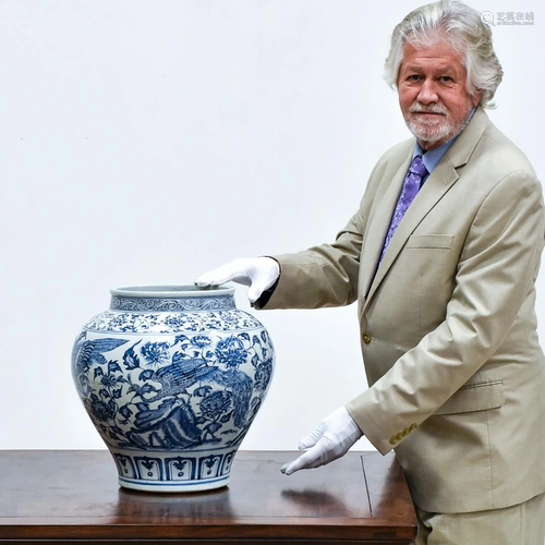 MING BLUE AND WHITE BIRD & FLORAL MOTIF JAR