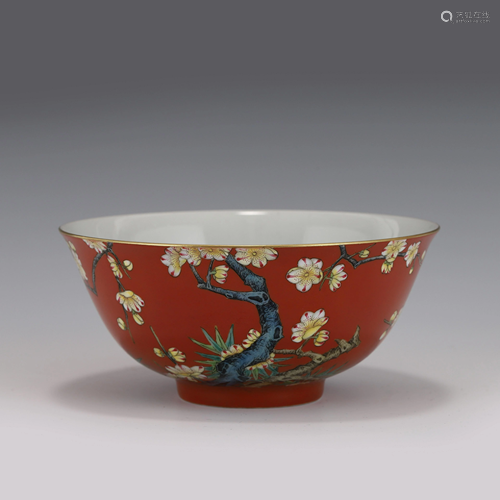 CHERRY BLOSSOM ON RED GLAZE PORCELAIN BOWL