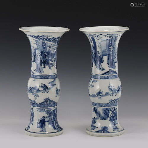 PAIR BLUE & WHITE FIGURAL & LANDSCAPE PHOENIX TAIL