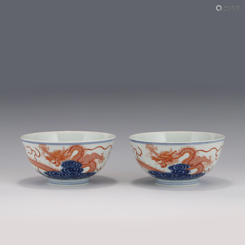 PAIR IRON RED DRAGON & BLUE GLAZED BOWLS