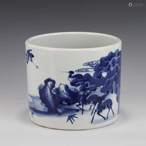 BLUE & WHITE CRANE & DEER PORCELAIN BRUSH POT