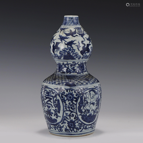 MING BLUE & WHITE LONGEVITY MOTIF DOUBLE GOURD …