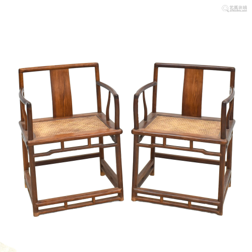 PAIR HUANGHUALI WOOVEN MAT ROSE ARMCHAIRS
