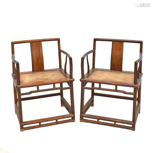 PAIR HUANGHUALI WOOVEN MAT ROSE ARMCHAIRS