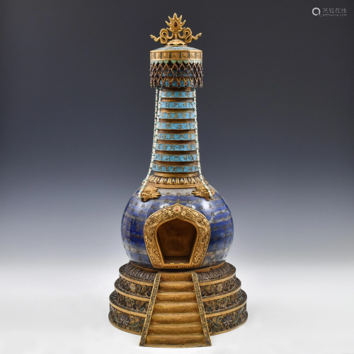 GILT BRONZE CLOISONNE LAPIS LAZULI & PEARL STUPA