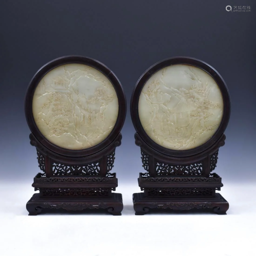 PAIR OF LANDSCAPE CARVED JADE ROUND TABLE SCREEN
