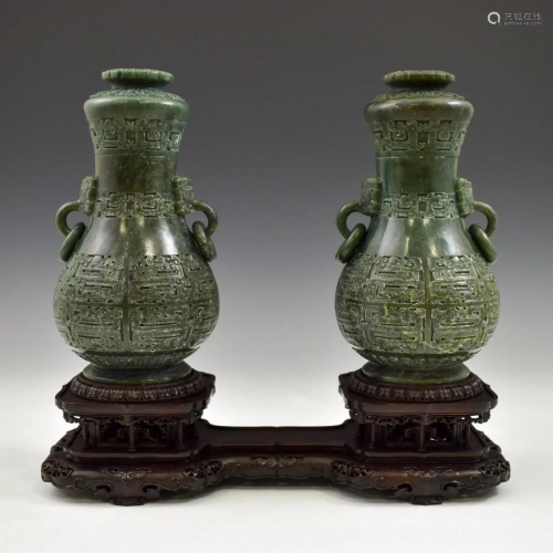 PAIR CHINESE GREEN JADE VASES ON STAND