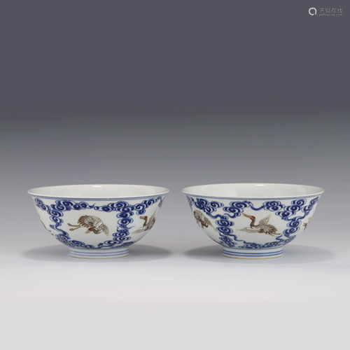 PAIR FAMILLE ROSE CRANES & BLUE CLOUDS BOWLS