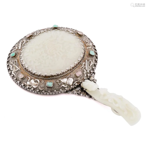 CHINESE WHITE JADE AND SILVER HAND MIRROR