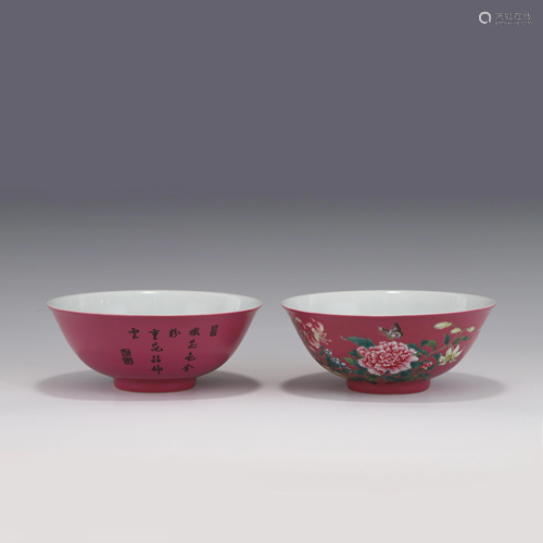 PAIR FAMILLE ROSE ON RED GLAZED BOWLS