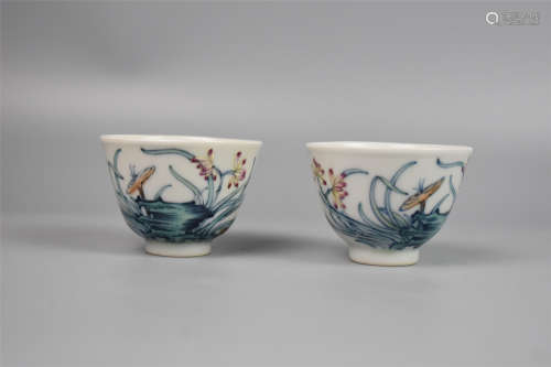Qing Dynasty Guangxu--A pair of orchid cups from Doucai Twel...