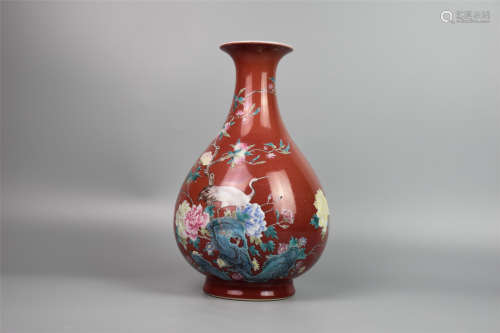 Yongzheng in the Qing Dynasty-Red Famille Rose Flower and Bi...