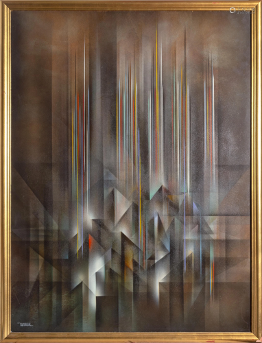 Leonardo Nierman, Ciudad Prismatica, Oil on Masonite,