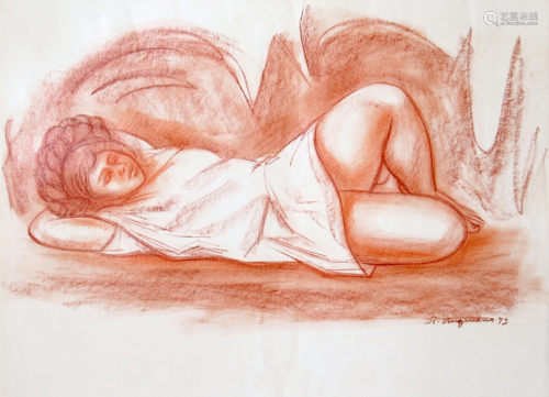 Raul Anguiano, Muchacha en una Cueva, Pastel on Paper,