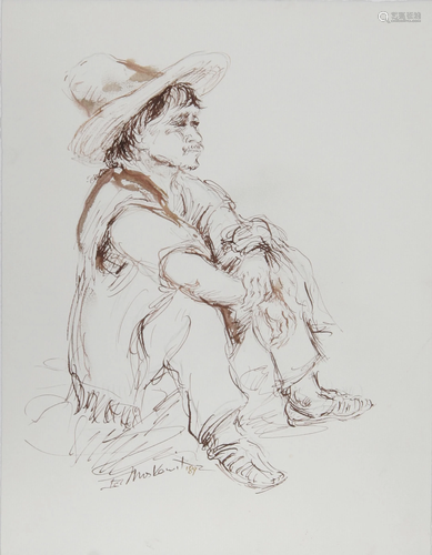 Ira Moskowitz, Man in Sombrero - III, Ink on Paper,