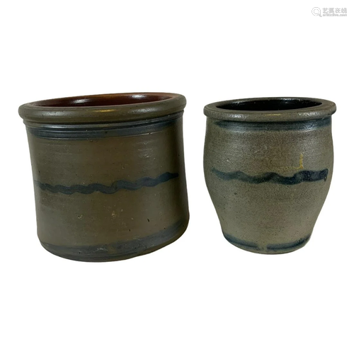 Pair of Striper Salt Glazed Stoneware Jars