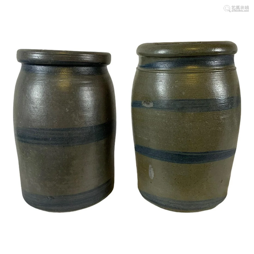 Pair of Striper Salt Glazed Stoneware Jars