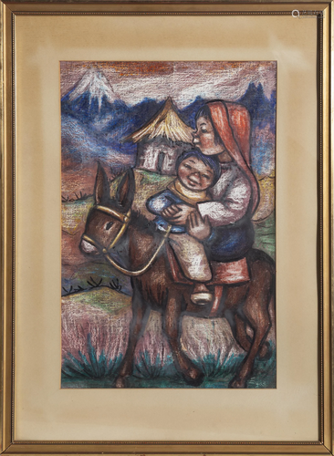 Unknown Artist, Girl and Boy on a Donkey , Pastel on