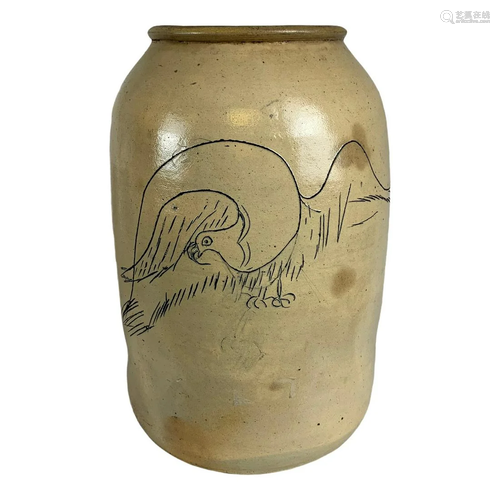 Incised Eagle Stoneware Jar