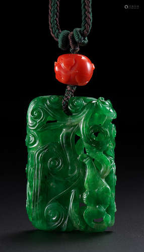 A FINE SMALL JADEITE 'LINGZHI AND BAT' RECTANGULAR PENDANT 1...