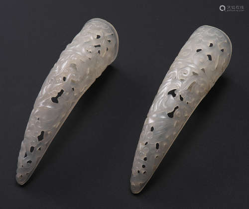 TWO PALE GREEN JADE RETICULATED NAIL GUARDS 19th century