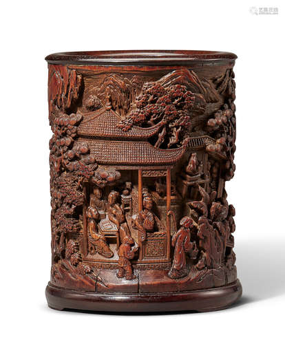 A RARE BAMBOO 'TEN LADIES' BRUSHPOT, BITONG 18th century