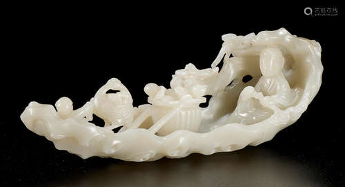 A WHITE JADE 'MAGU AND RAFT' GROUP 19th century