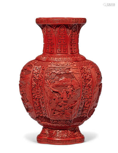 A CARVED CINNABAR LACQUER 'IMMORTALS AND LONGEVITY' QUATRALO...