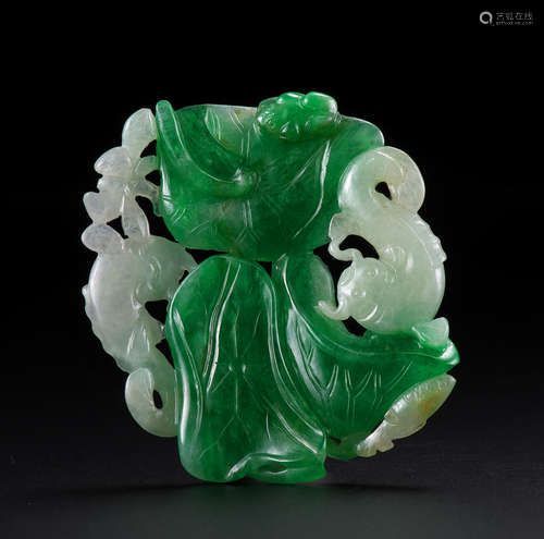 A JADEITE RETICULATED 'LOTUS LEAVES AND CATFISH' PENDANT 18t...