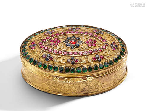 A GILT-BRONZE GEMSTONE-INLAID SNUFF BOX AND COVER 19th centu...