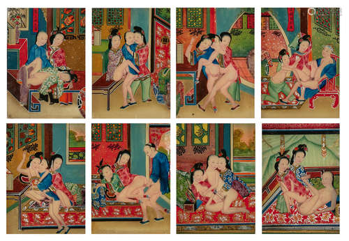 A SET OF EIGHT REVERSE GLASS EROTIC PAINTINGS 19th centruy