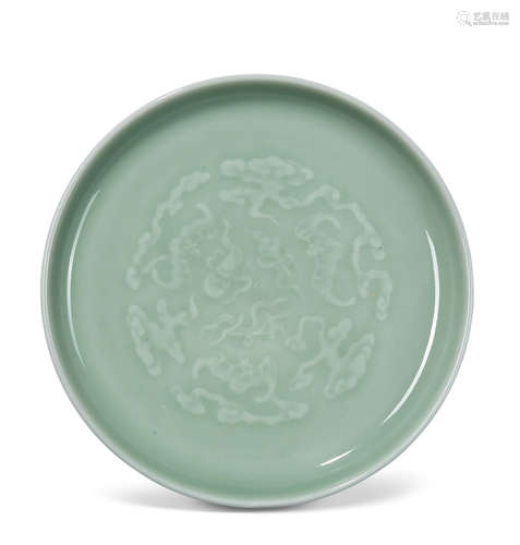 A SMALL GREEN-GLAZED 'LINGZHI AND BATS' MOULDED DISH Qing Yi...