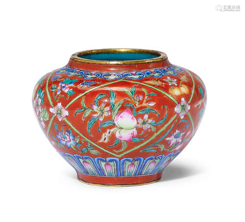 A RARE PAINTED ENAMEL CORAL-GROUND WATERPOT Qianlong four-ch...