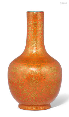 A FINE GILT-DECORATED CORAL-GROUND BOTTLE VASE Jiaqing seal ...