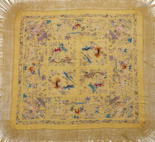 A LARGE CANTON EMBROIDERED 'OFFICIALS AND LADIES' SHAWL Late...