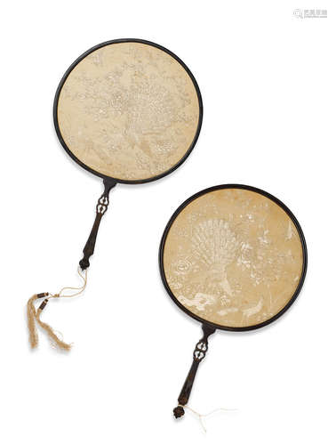 A PAIR OF CANTON EMBROIDERED LACQUER FANS 19th century