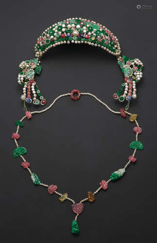 A VERY RARE JADEITE, PEARL AND GEMSTONE-INSET HEADDRESS AND ...