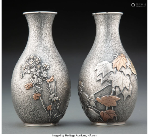 74225: A Pair of Japanese Silver and Mixed Metal Vases
