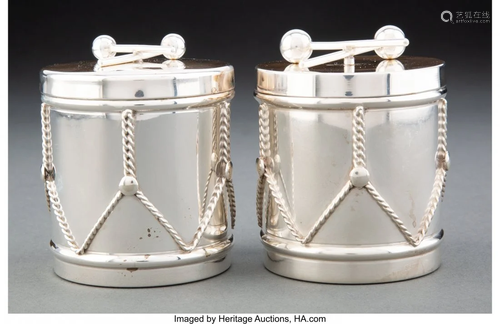 74334: A Near Pair of Cartier Drum-Form Silver Canister