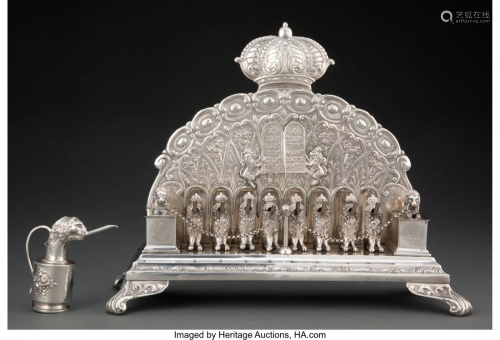 74216: A German Silver Oil Menorah with Oil Can, late 1